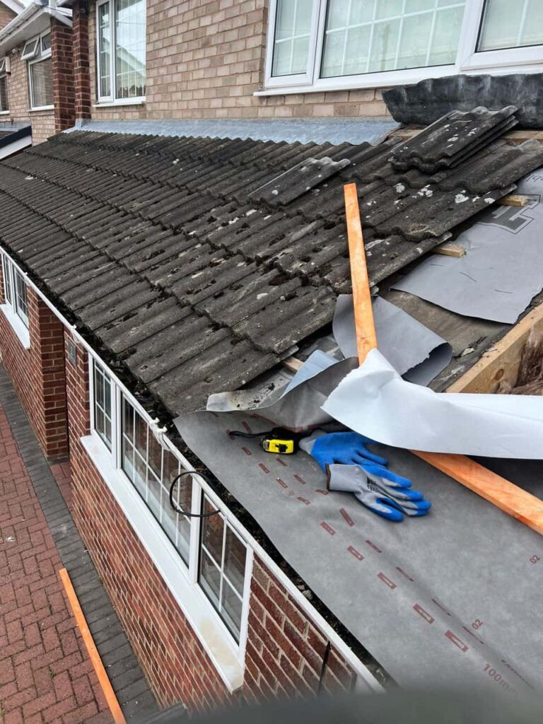 This is a photo of a pitched roof which is being repaired. The existing roof was leaking badly. Works carried out by Stapleford Roofing Repairs